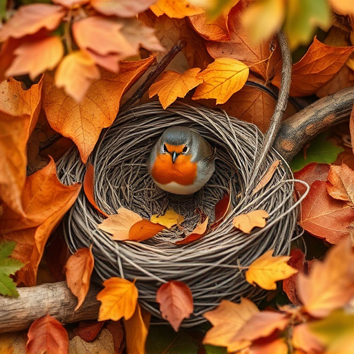 Robin nest hidden in autumn leaves