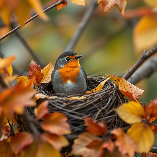 Robin nest hidden in autumn leaves