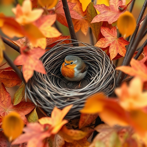 Robin nest hidden in autumn leaves