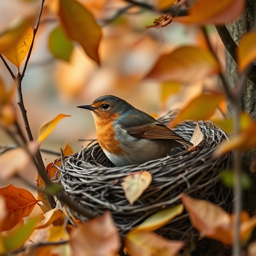 Robin nest hidden in autumn leaves