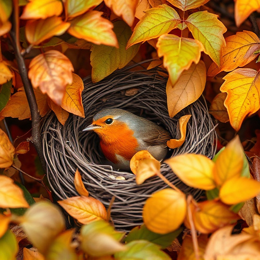 Robin nest hidden in autumn leaves