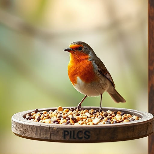 Robin on bird table with suet pellets