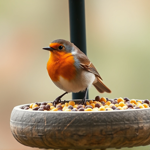 Robin on bird table with suet pellets