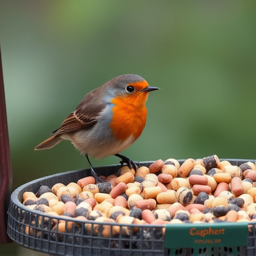 Robin on bird table with suet pellets