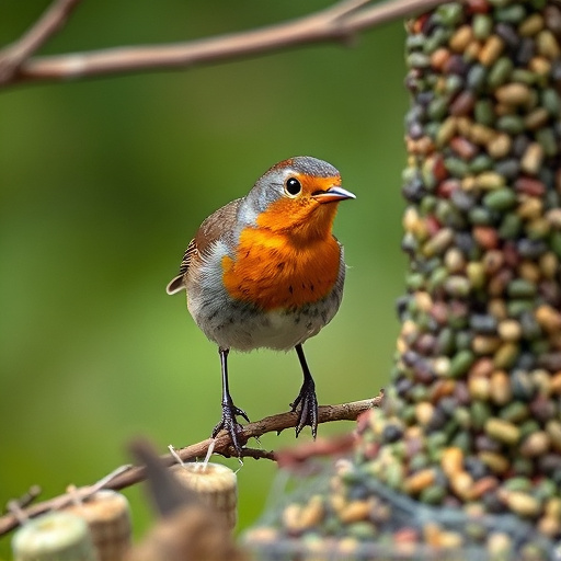 Robin pecking at suet pellets