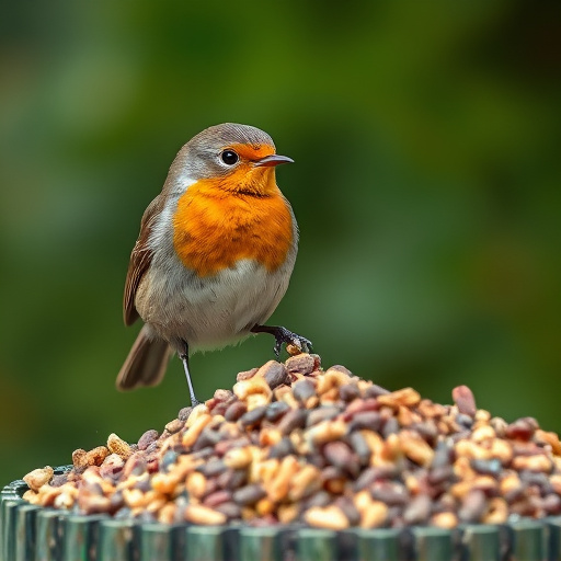Robin pecking at suet pellets