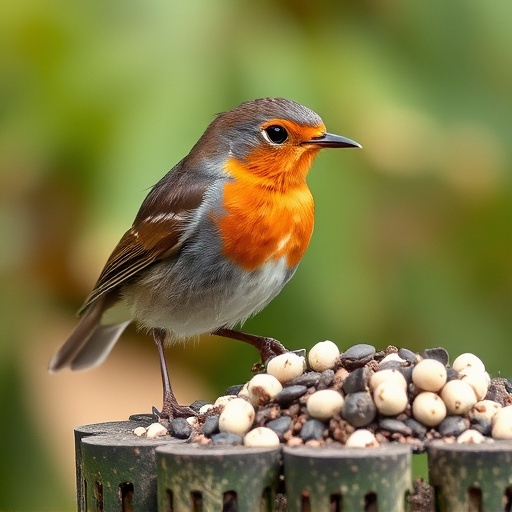Robin pecking at suet pellets
