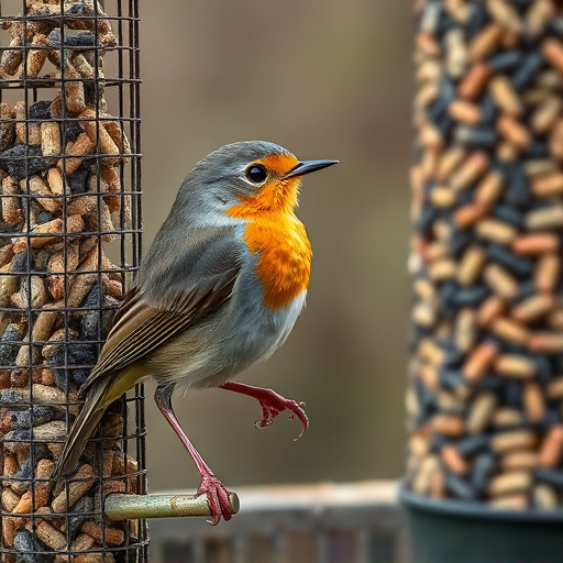 Robin pecking at suet pellets