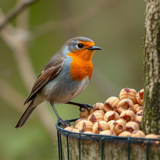 Robin pecking at suet pellets