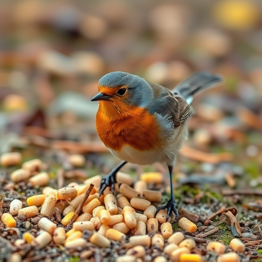 Robin pecking at suet pellets on ground