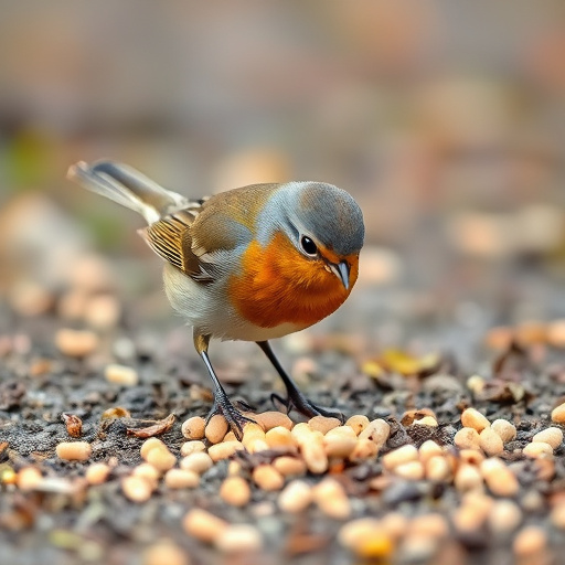Robin pecking at suet pellets on ground