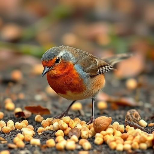 Robin pecking at suet pellets on ground
