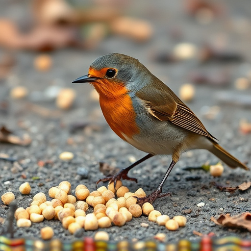 Robin pecking at suet pellets on ground