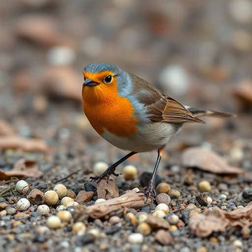 Robin pecking at suet pellets on ground