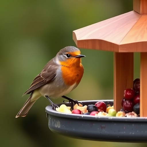 Robin pecking food from bird table