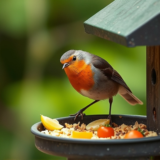 Robin pecking food from bird table