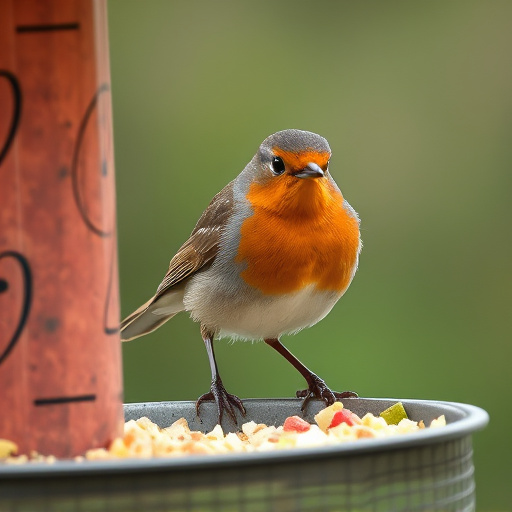 Robin pecking food from bird table