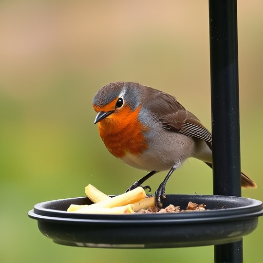 Robin pecking food from bird table