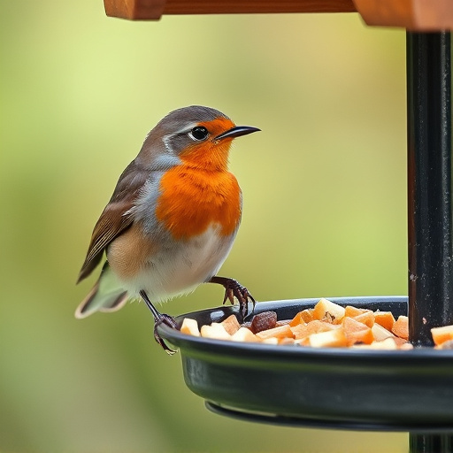 Robin pecking food from bird table