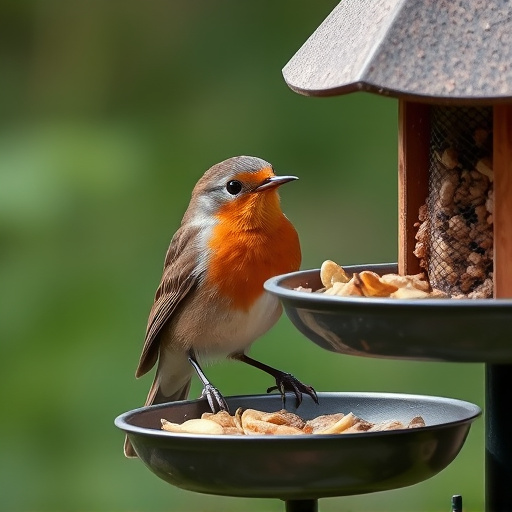 Robin pecking food from bird table