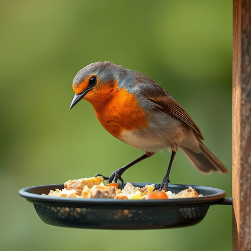 Robin pecking food from bird table