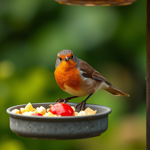 Robin pecking food from bird table