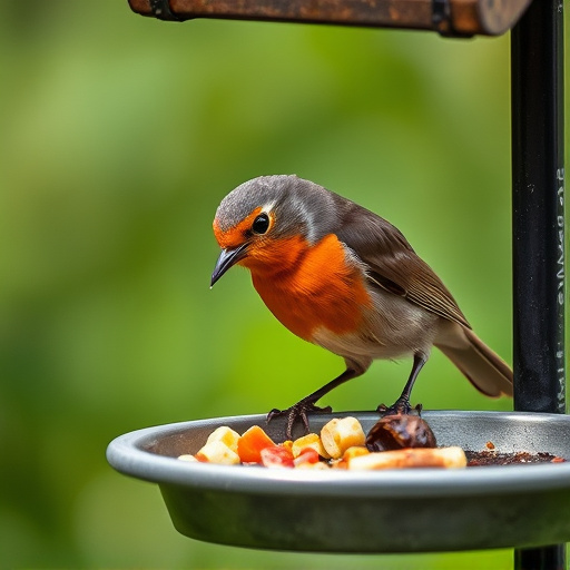 Robin pecking food from bird table