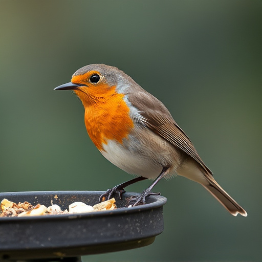 Robin pecking food from bird table