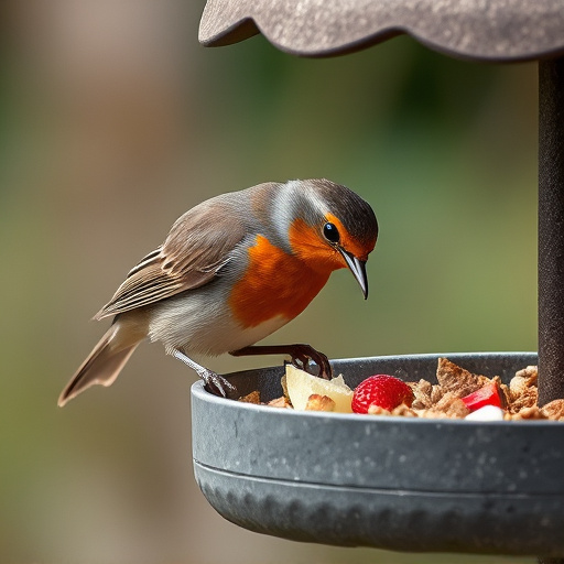 Robin pecking food from bird table