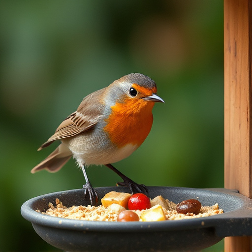 Robin pecking food from bird table