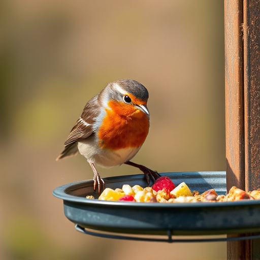 Robin pecking food from bird table