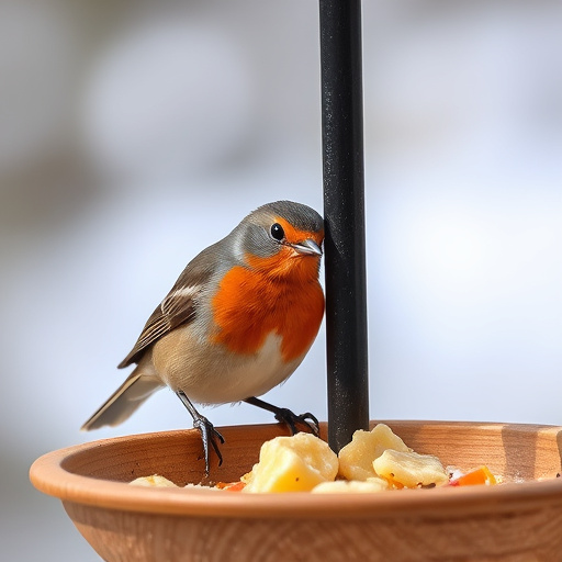 Robin pecking food from bird table