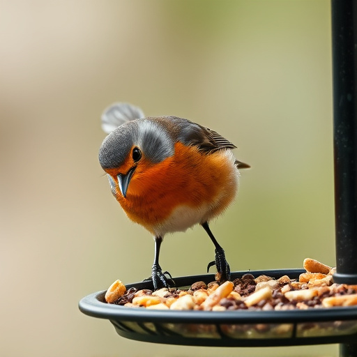 Robin pecking food from bird table