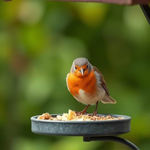Robin pecking food from bird table