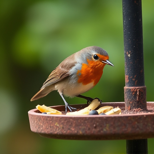 Robin pecking food from bird table