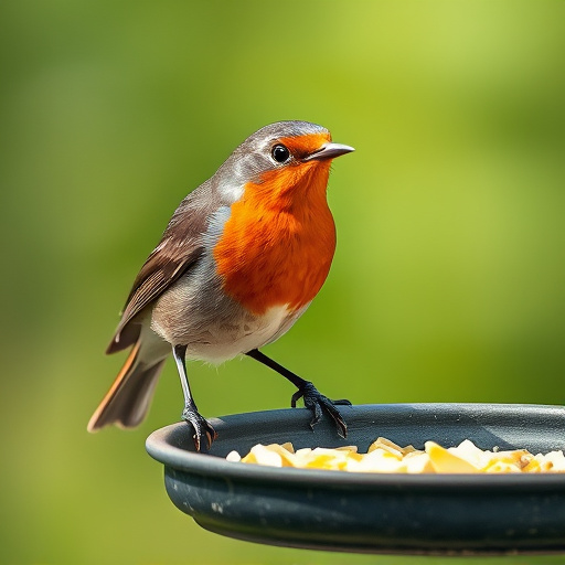 Robin pecking food from bird table