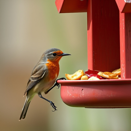 Robin pecking food from bird table