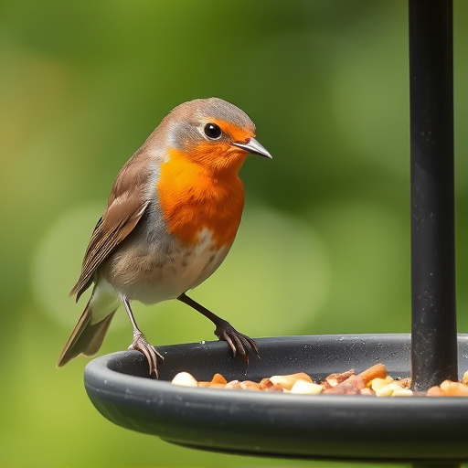 Robin pecking food from bird table