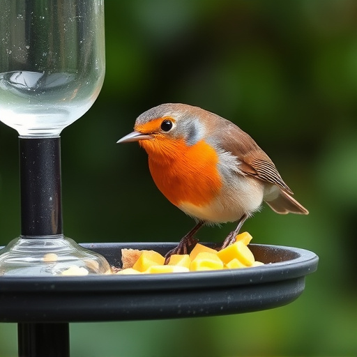 Robin pecking food from bird table