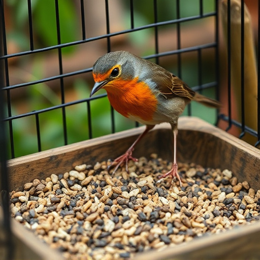 Robin pecking seed inside caged tray
