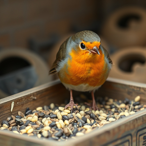 Robin pecking seed inside caged tray