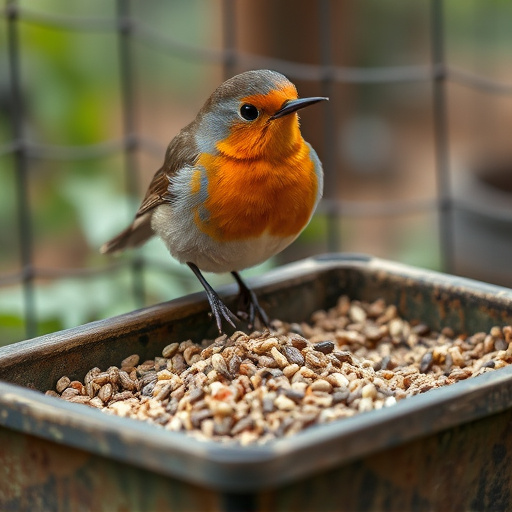 Robin pecking seed inside caged tray