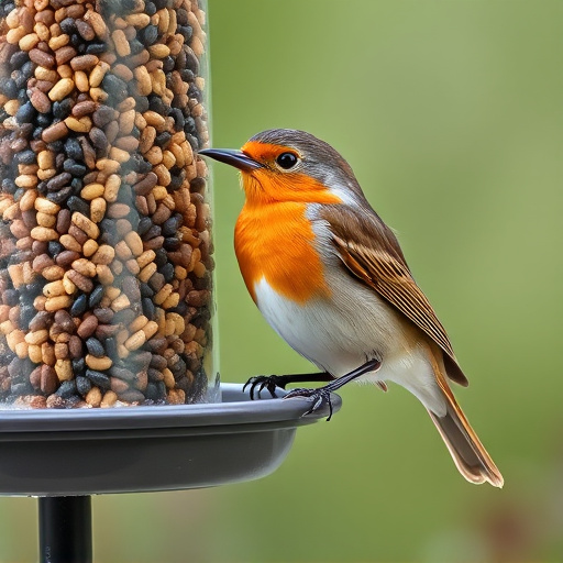 Robin perched beside a seed feeder