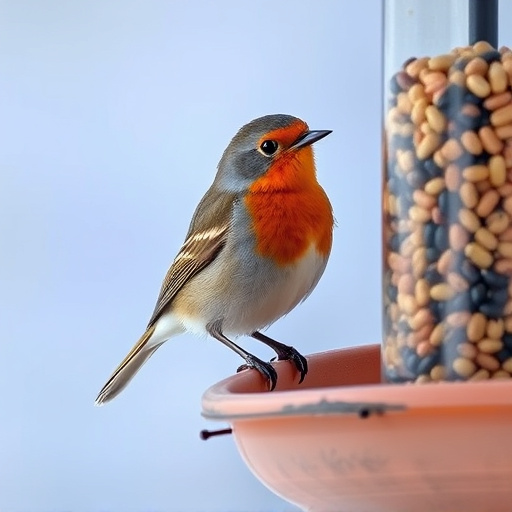 Robin perched beside a seed feeder