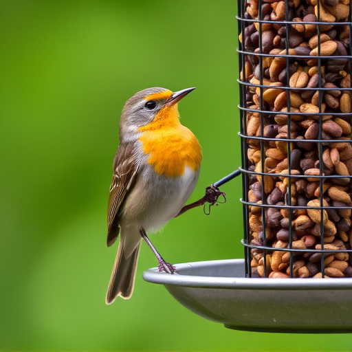 Robin perched beside a seed feeder