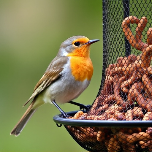 Robin perched beside mesh mealworm feeder