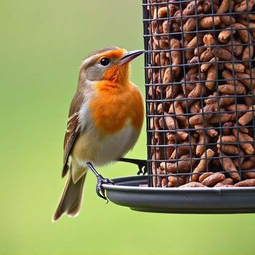 Robin perched beside mesh mealworm feeder