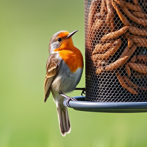 Robin perched beside mesh mealworm feeder