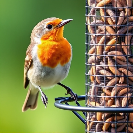 Robin perched beside mesh mealworm feeder