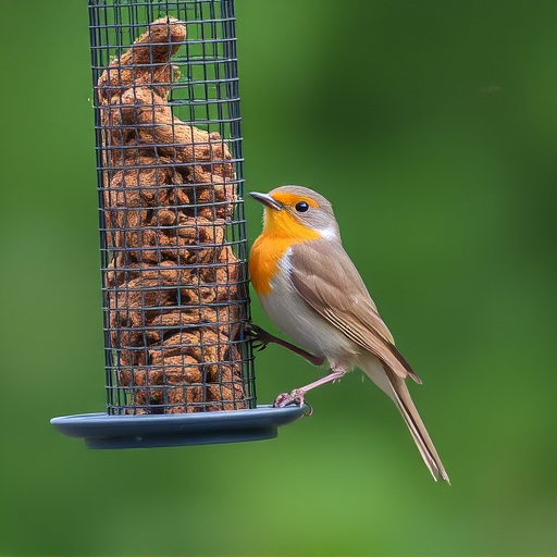 Robin perched beside mesh mealworm feeder